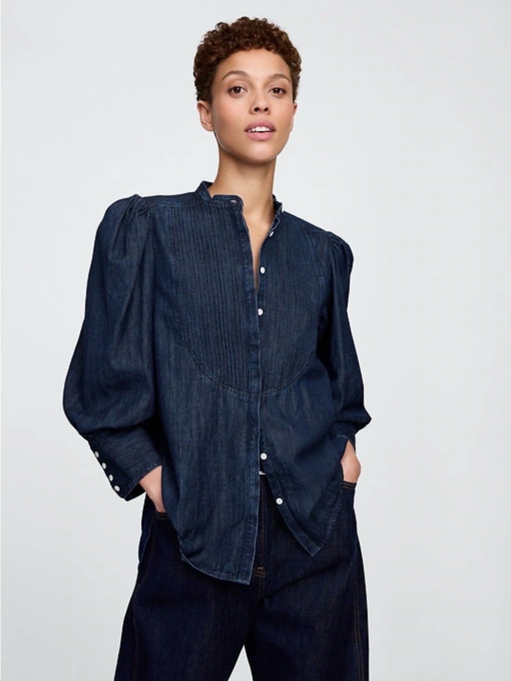 Gap x Harlem Fashion Row Puff Long Sleeve Denim Tuxedo Front Top Size Large